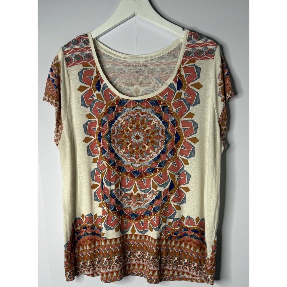 Lucky‎ Brand Sz 1x Short Sleeve T-Shirt Top Linen Blend Rust Boho Southwestern